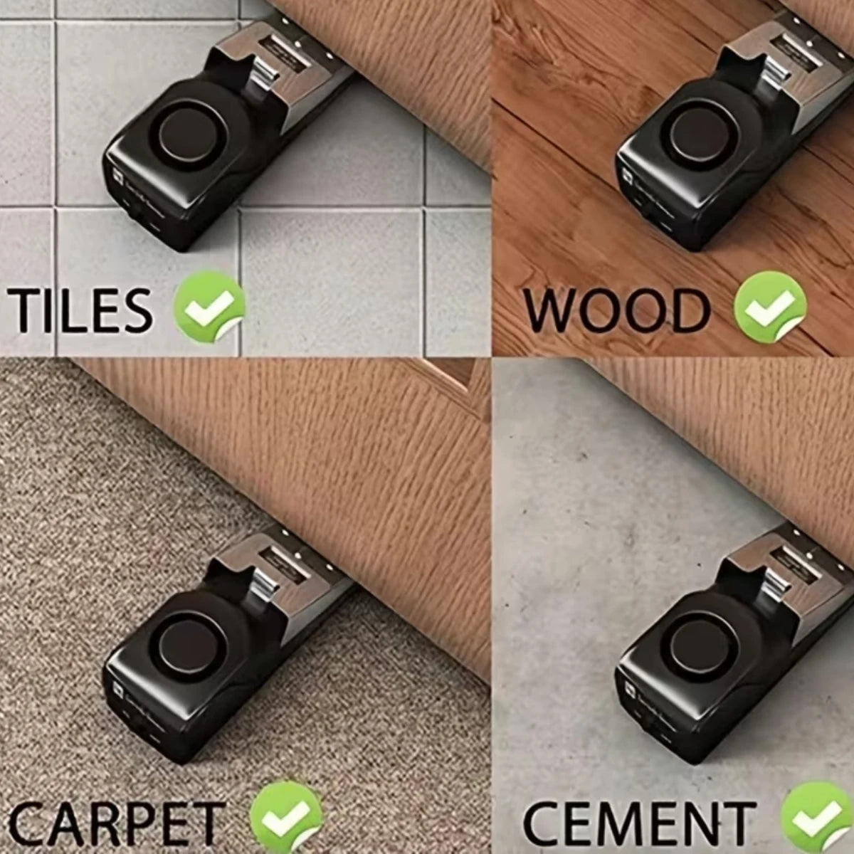 Roamsafe alarm shown on tile, wood, carpet, and concrete floors