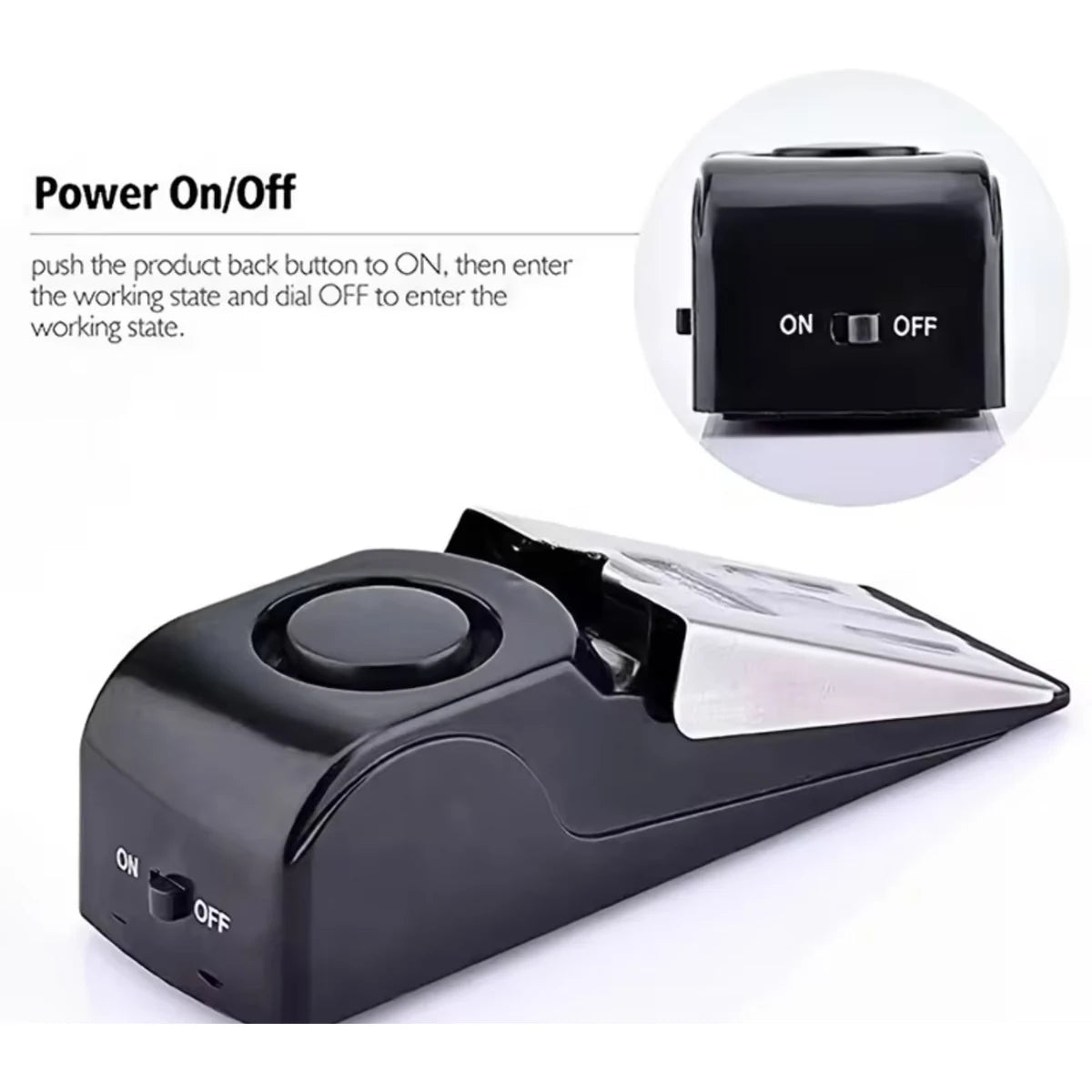 Black Roamsafe doorstop alarm with metal pressure plate
